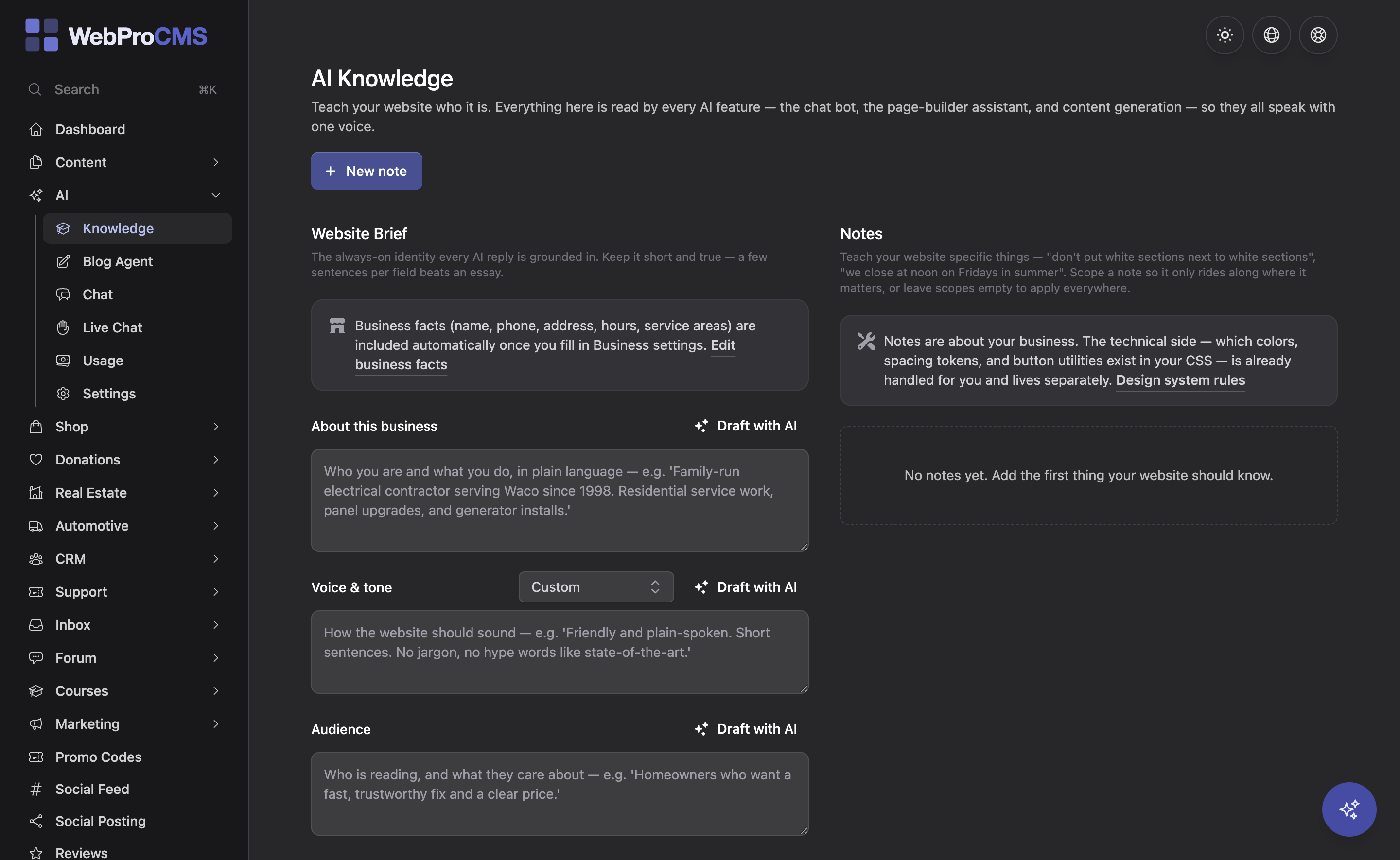 The AI Knowledge page in the WebProCMS dashboard with identity, voice, audience and forbidden-claims fields