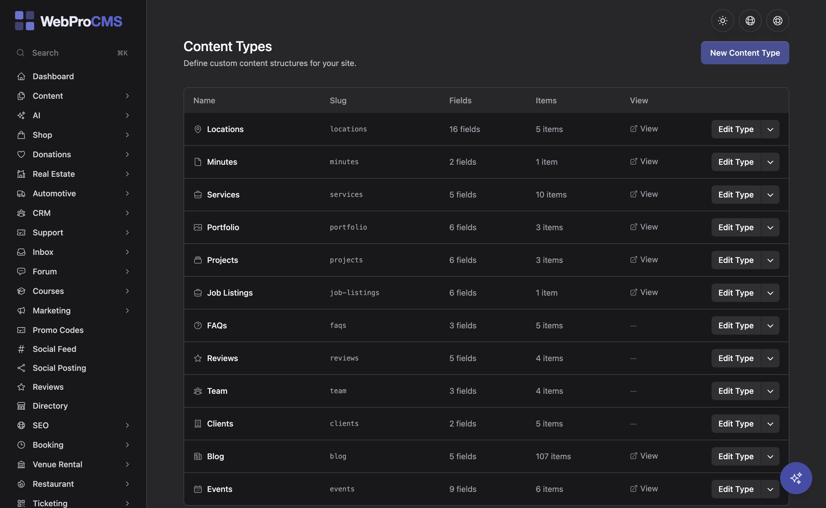 The content list in the dashboard showing records of a custom content type with their fields and status
