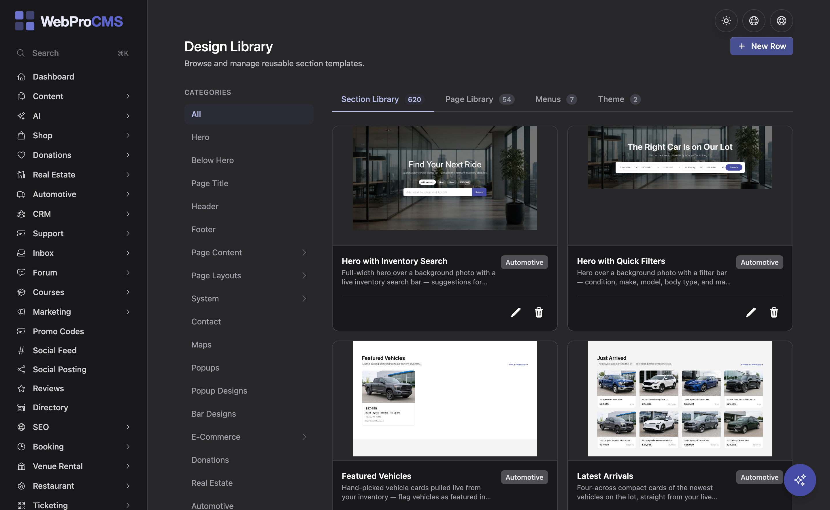 The design library browse grid showing row templates filtered by category