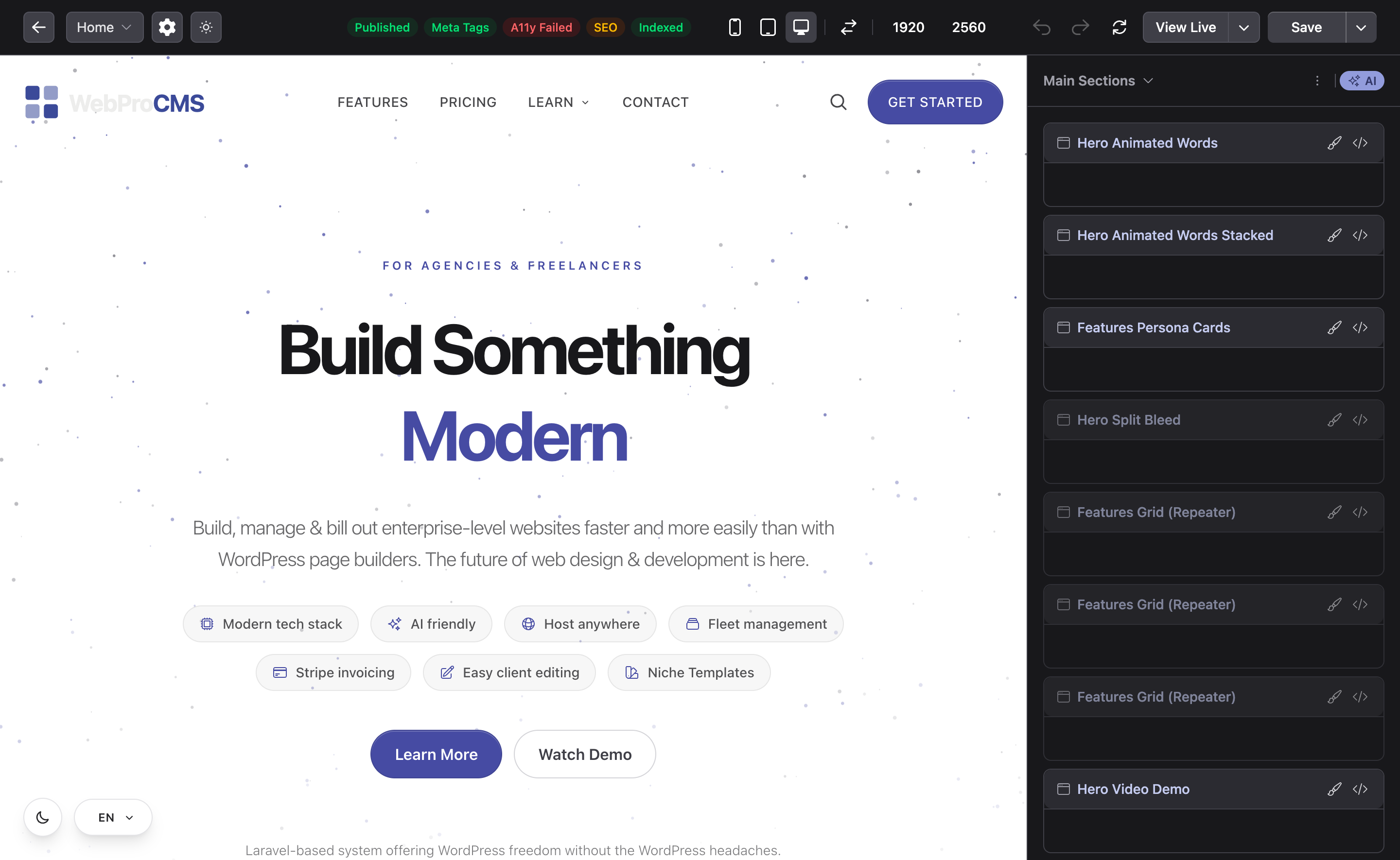 The WebProCMS page editor with a row selected and its text, image and design fields open in the sidebar
