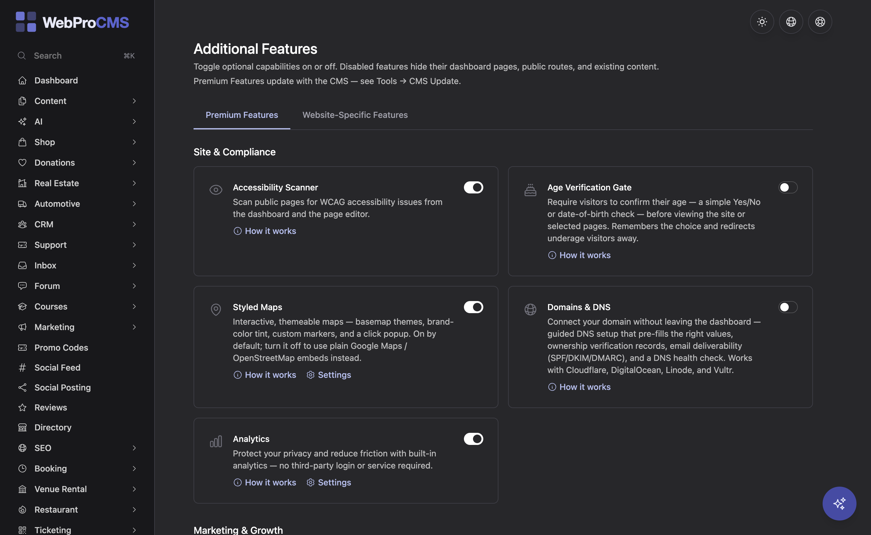 The Settings screen listing feature cards, each with an on-off switch