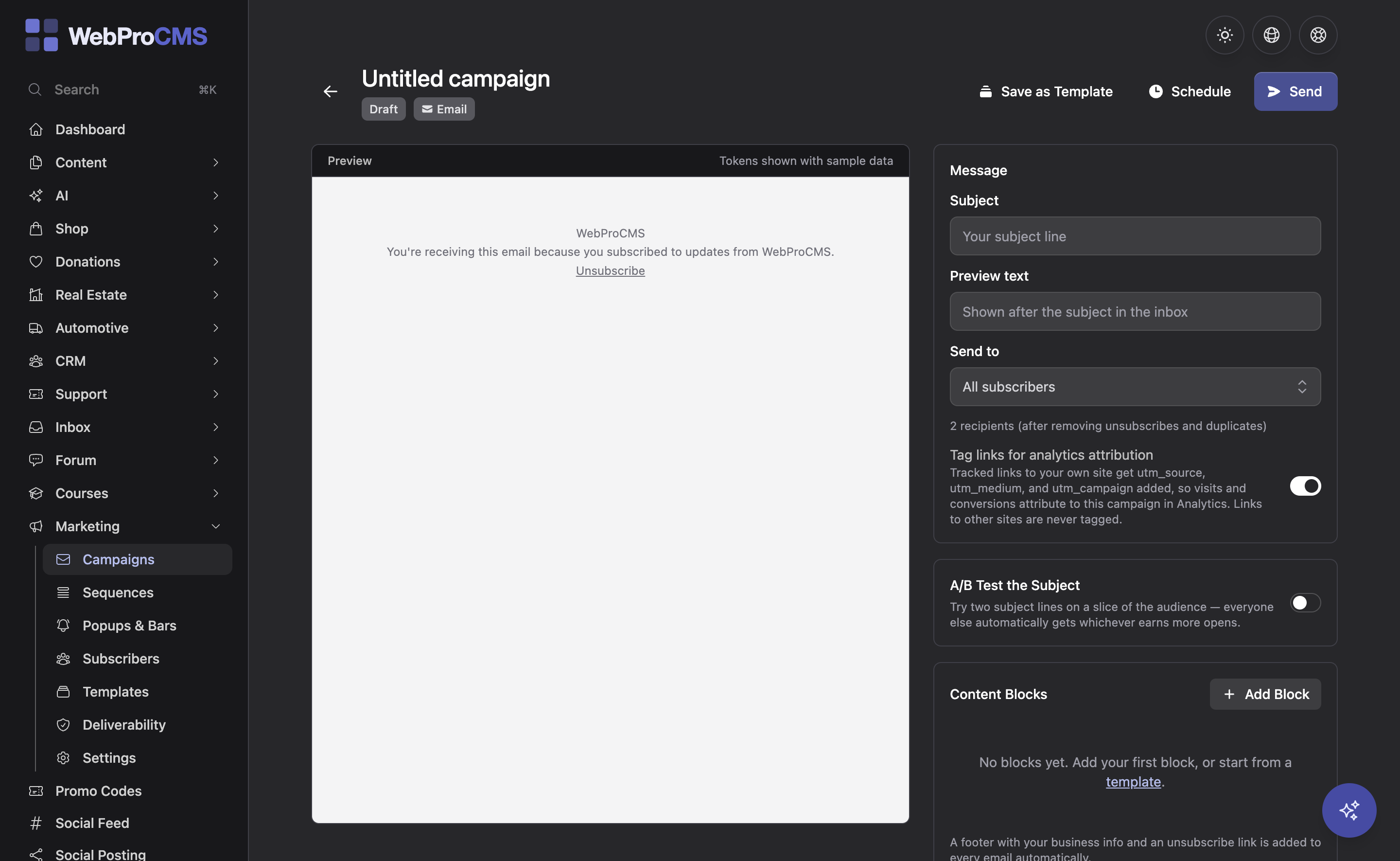 The Marketing campaigns screen in the WebProCMS dashboard