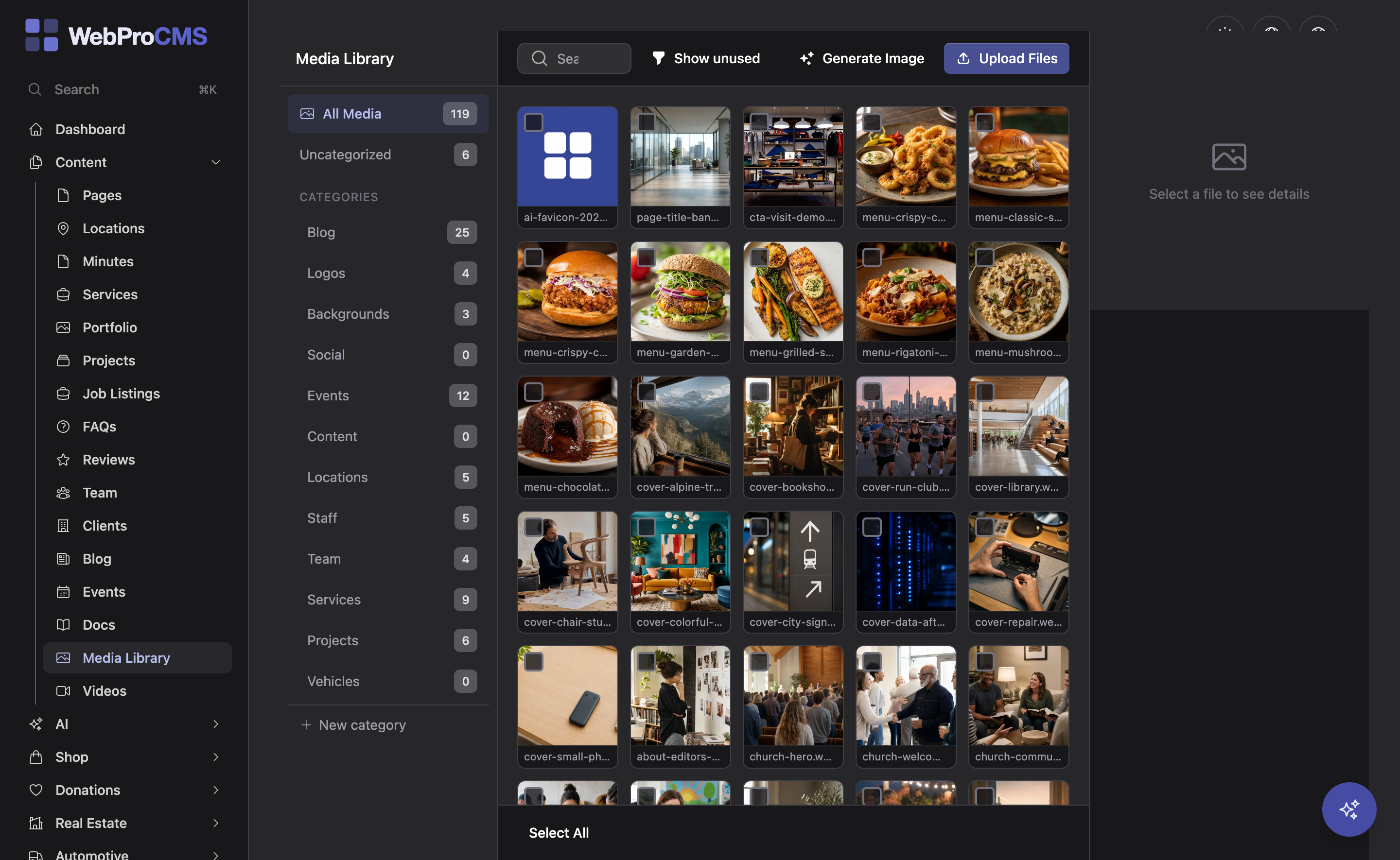The media library grid with uploaded images, categories and the details panel for one image