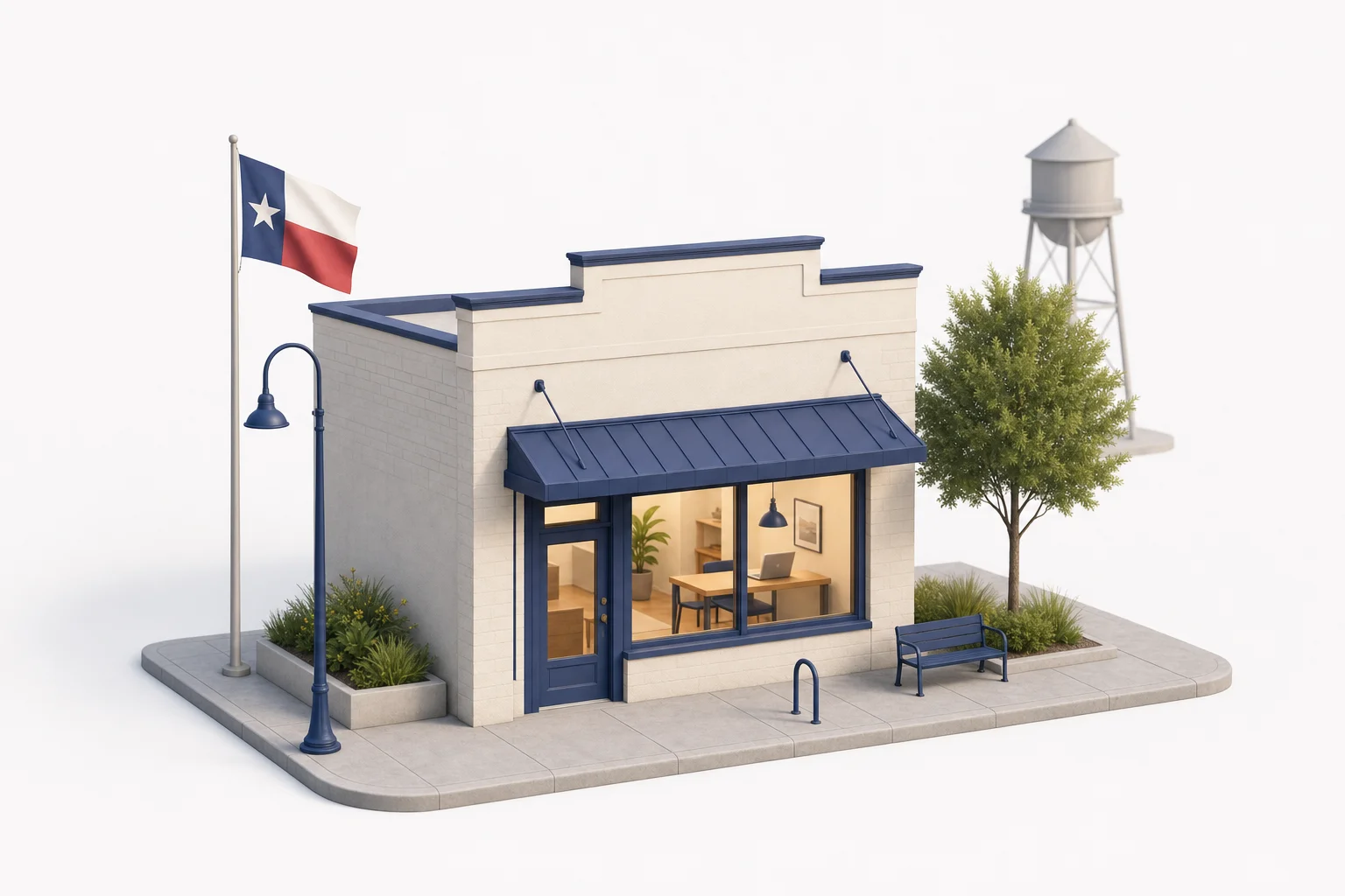 Small-town storefront with a lit window and a laptop on the counter