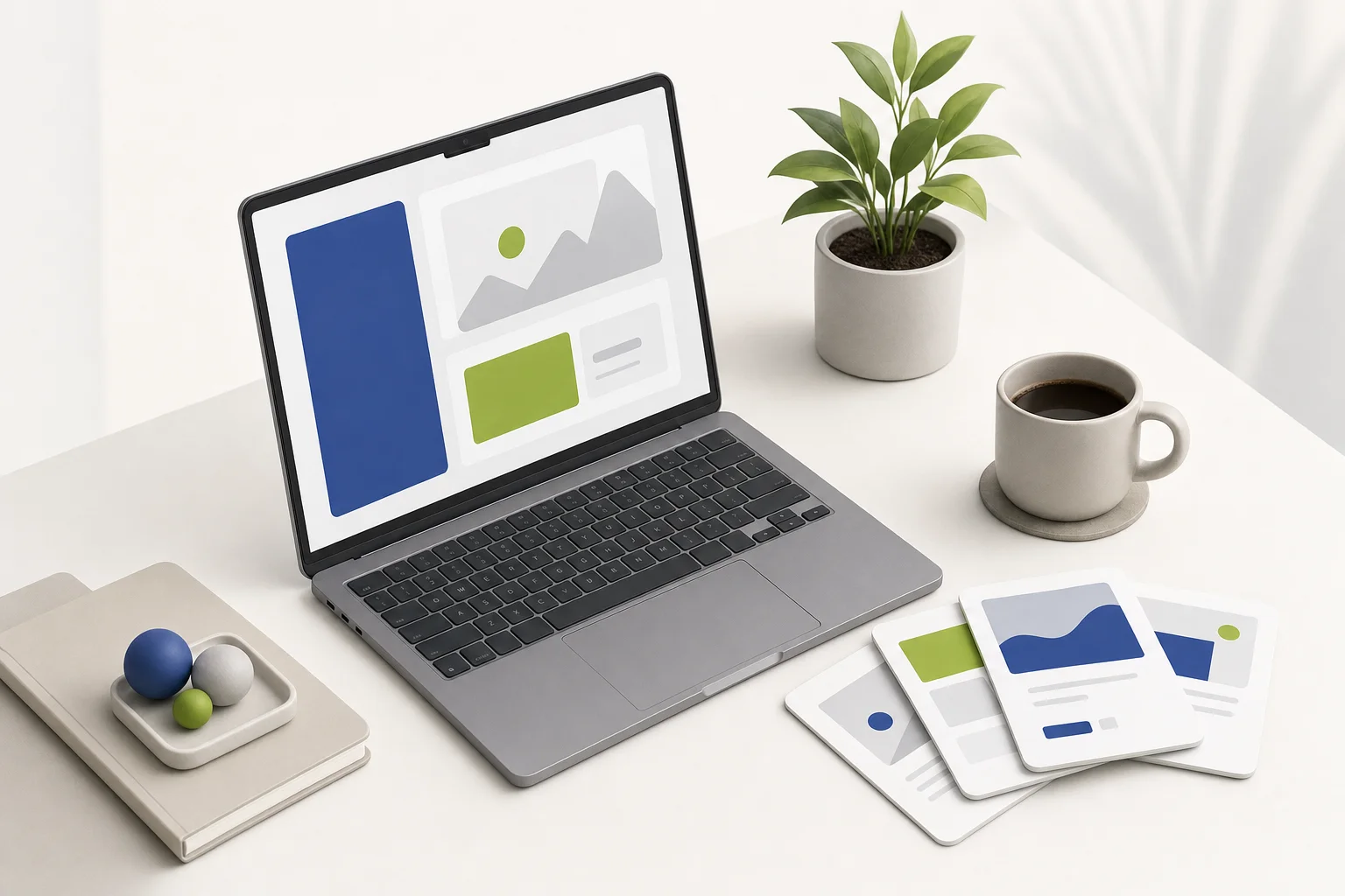 Illustration of a small agency desk with a laptop beside a stack of client website cards