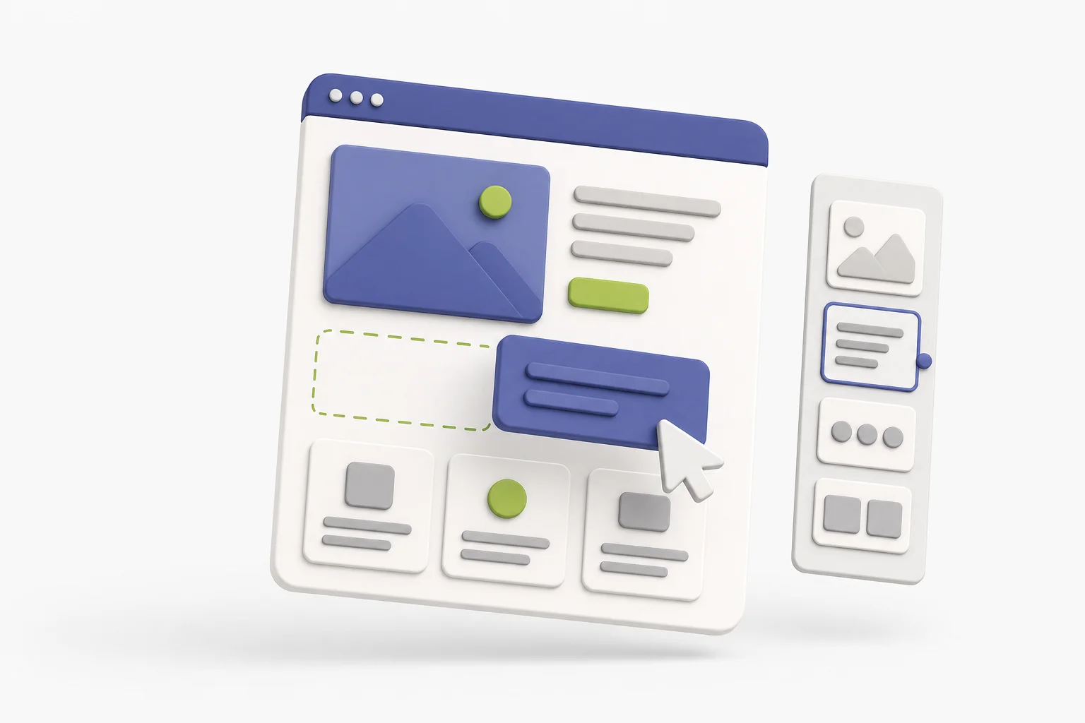Drag-and-drop page blocks beside a tray of design library thumbnails