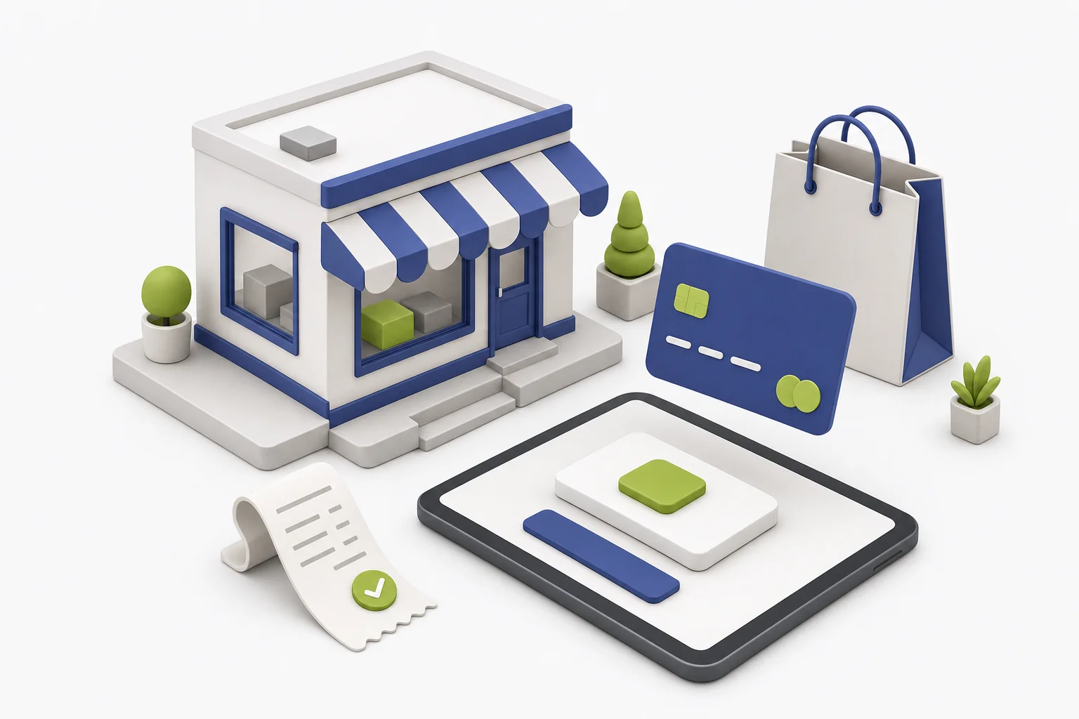 Storefront blocks, a shopping bag and a payment card over a tablet