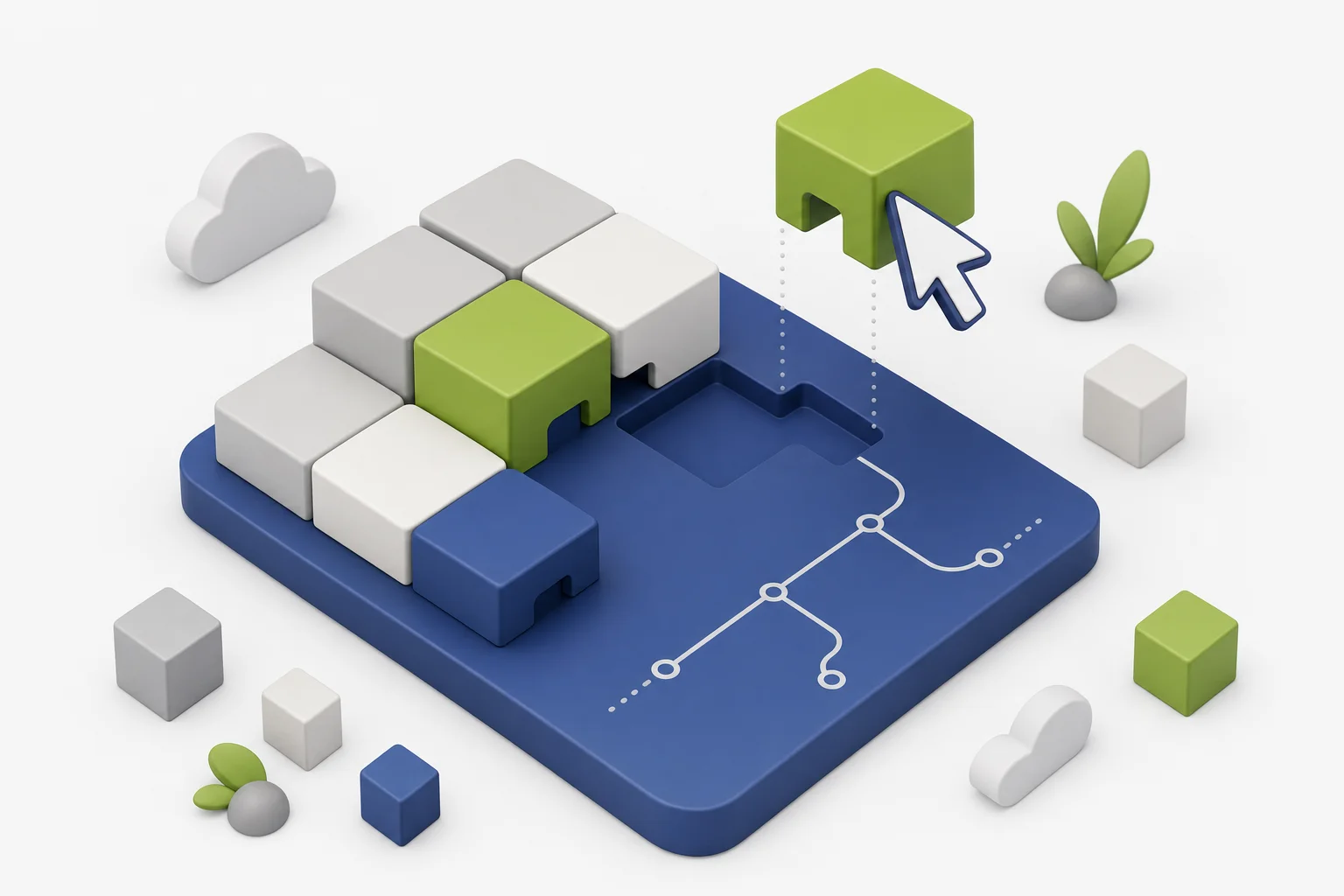 Modular blocks snapping onto a base plate, joined by git branch lines