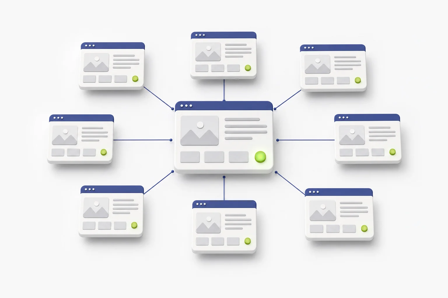 Illustration of many website cards connected to one central fleet dashboard