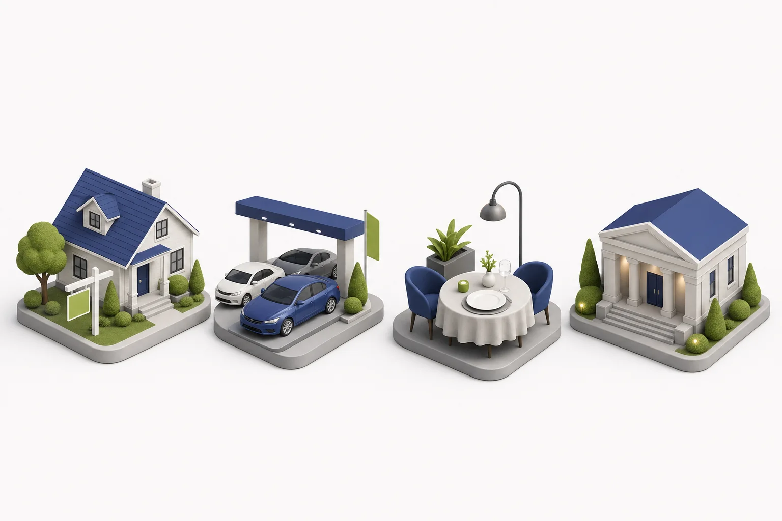 Four scene tiles: a house, a car lot, a restaurant and a rental hall
