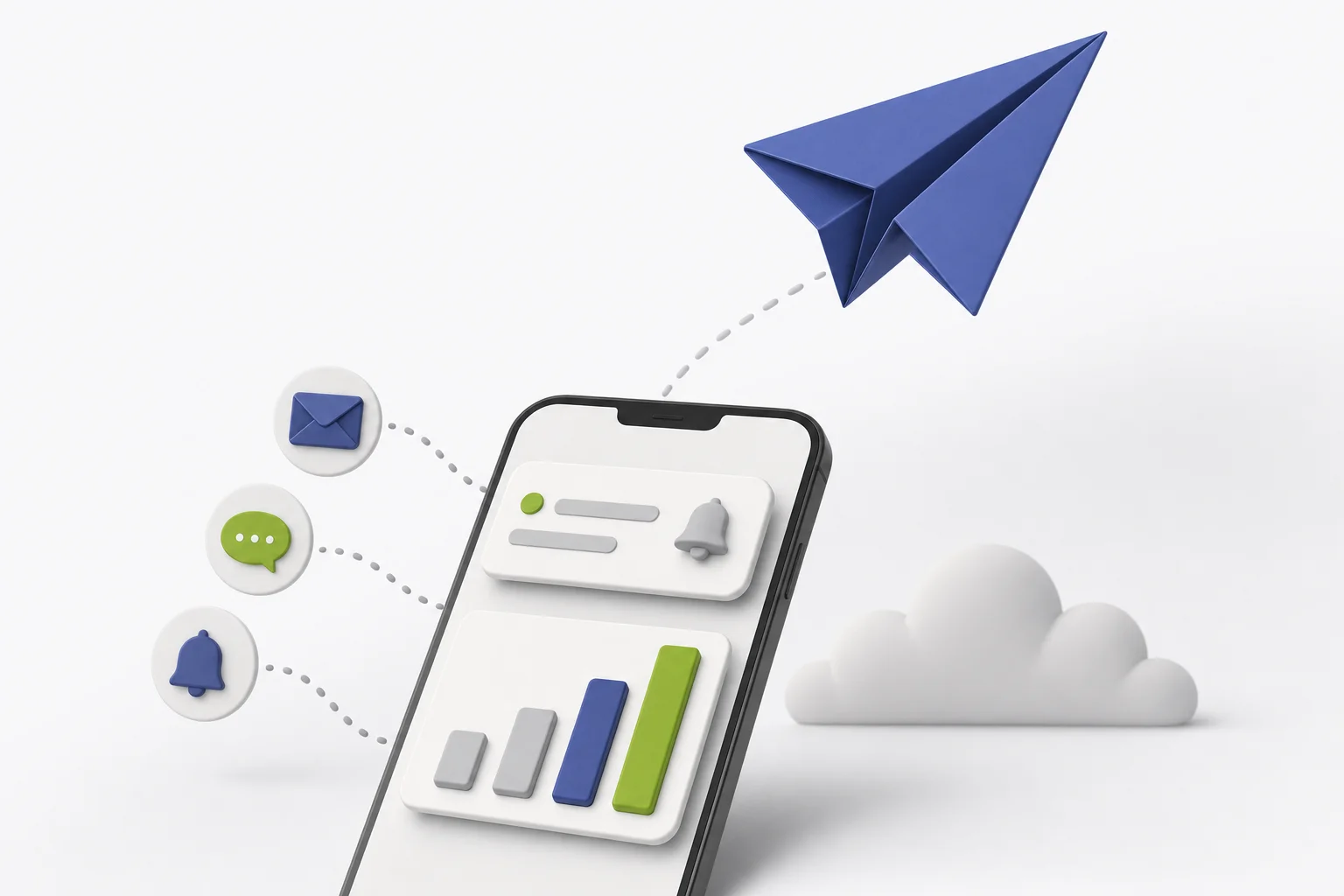 Paper-plane envelope, a phone notification and a rising chart