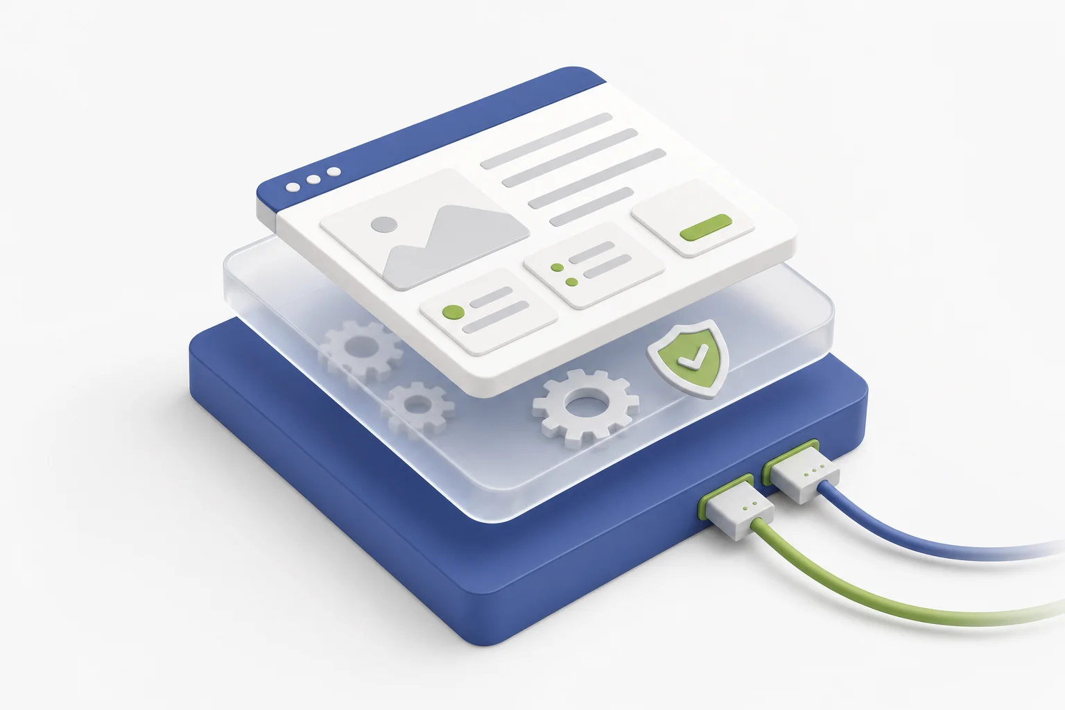 Layered platform slab with shield and gear icons and API cables