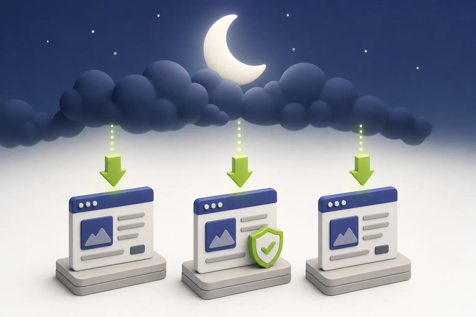 Illustration of websites at night, each receiving a green download arrow as an update arrives